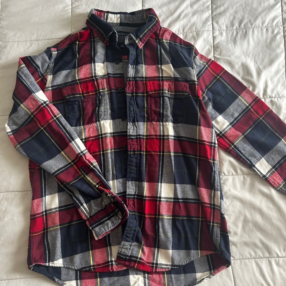 American Eagle Men L Flannel Shirt Red/Navy Plaid Cotton Utility Grunge 90s